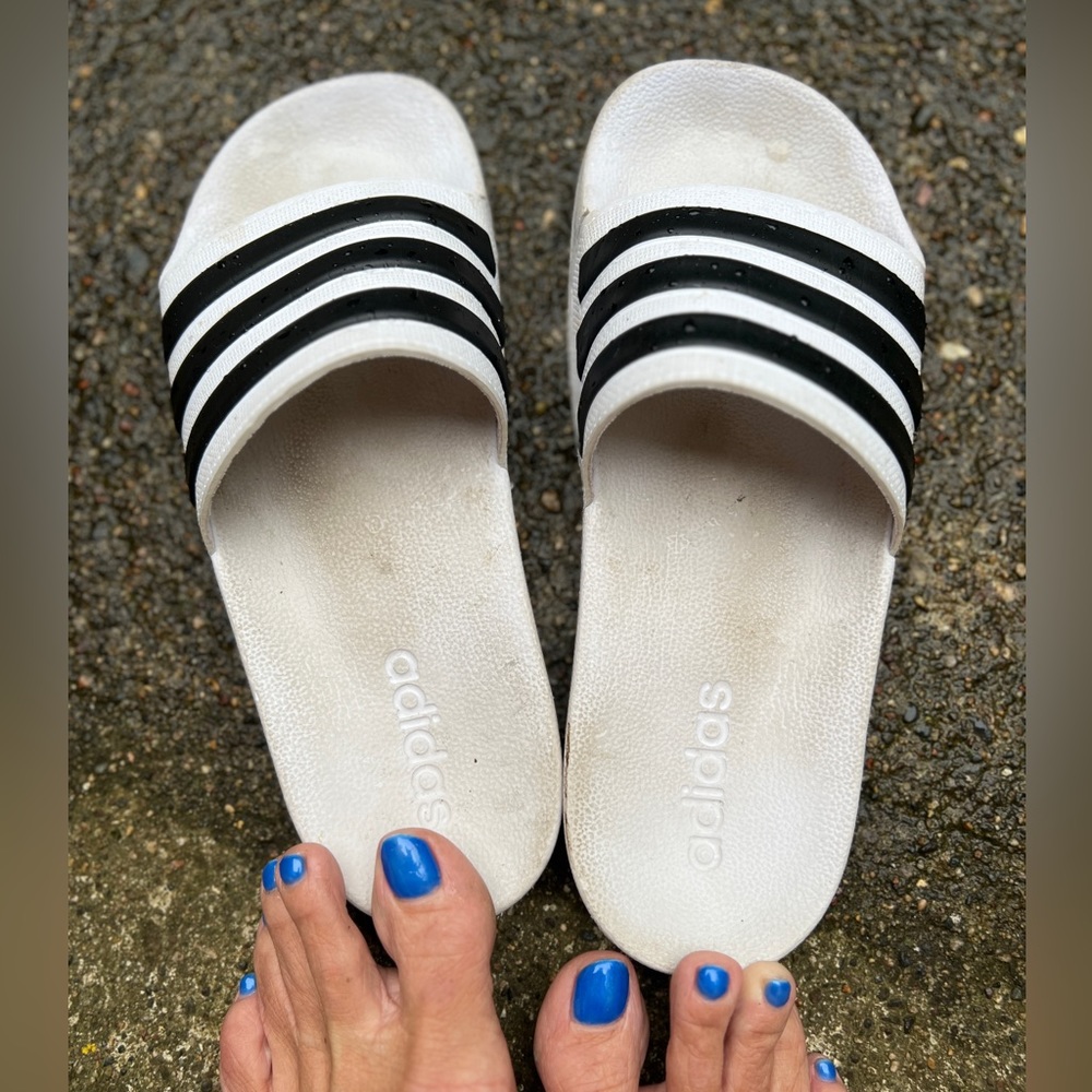 Adidas black and white slides;unisex.